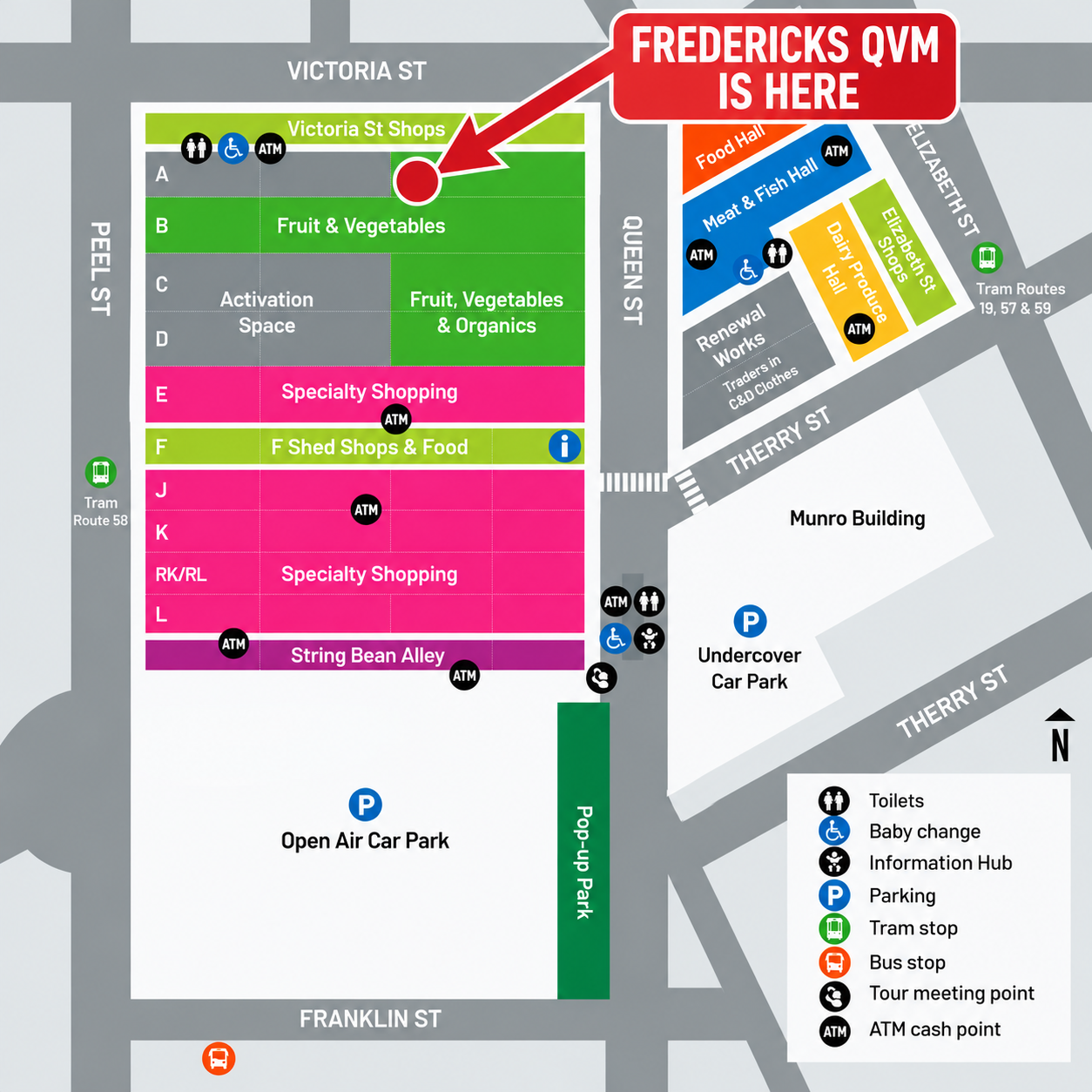 Official Queen Victoria Market map with a red marker and banner showing where Fredericks QVM is, next to A Shed and Queen Street